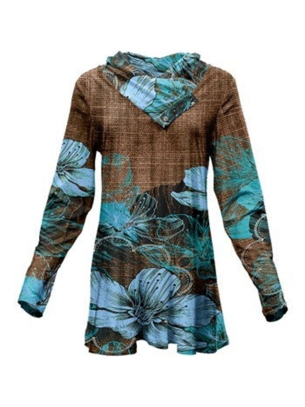 TRÏBE Brown & Turquoise floral print Shawl Collar Tunic Top Size 2XL NWT